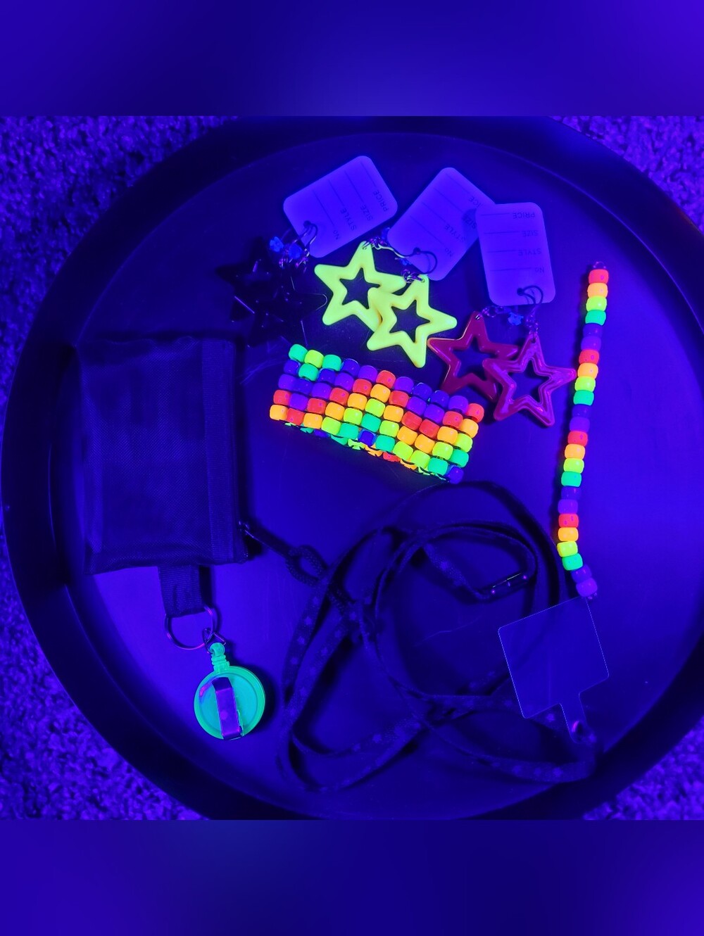 Rave 6pc binky cord phone lanyard wallet bag earrings (kandi Rainbow Brite)